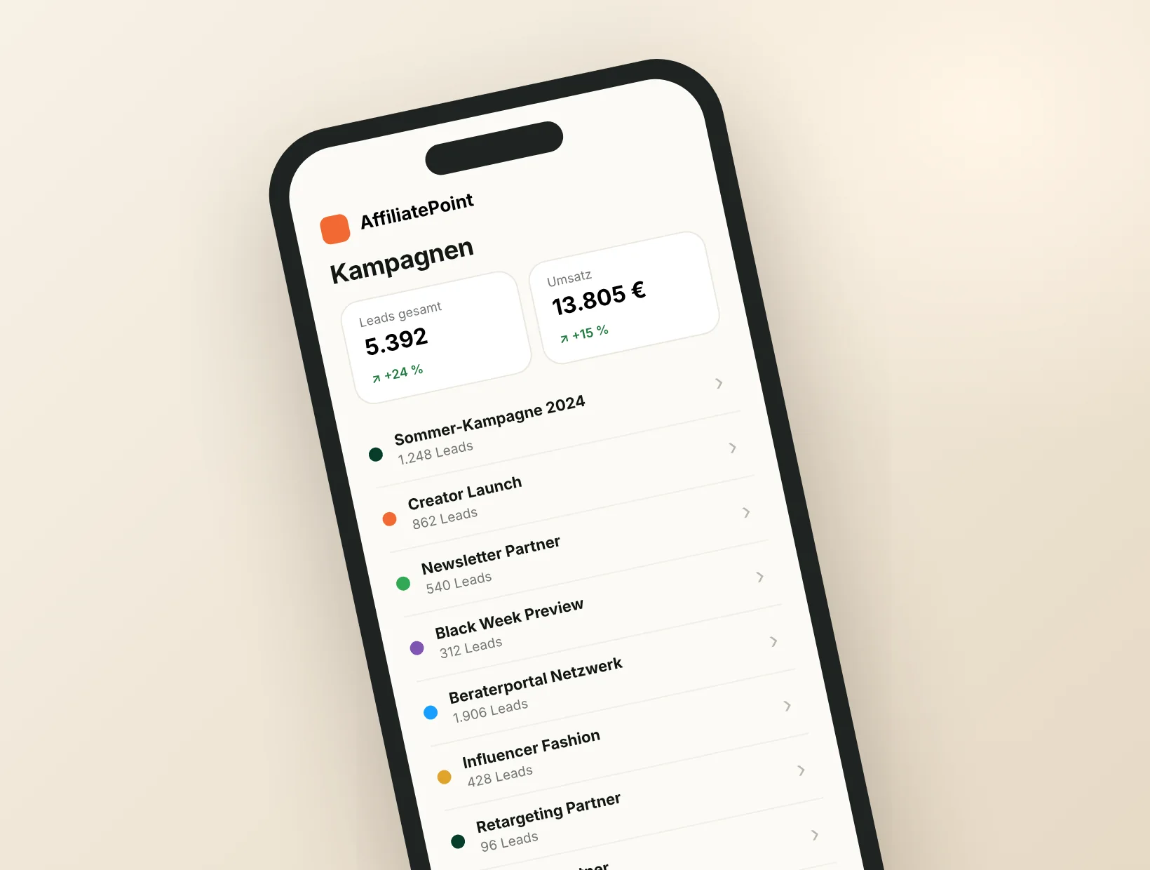 AffiliatePoint Kampagnenübersicht auf dem Smartphone